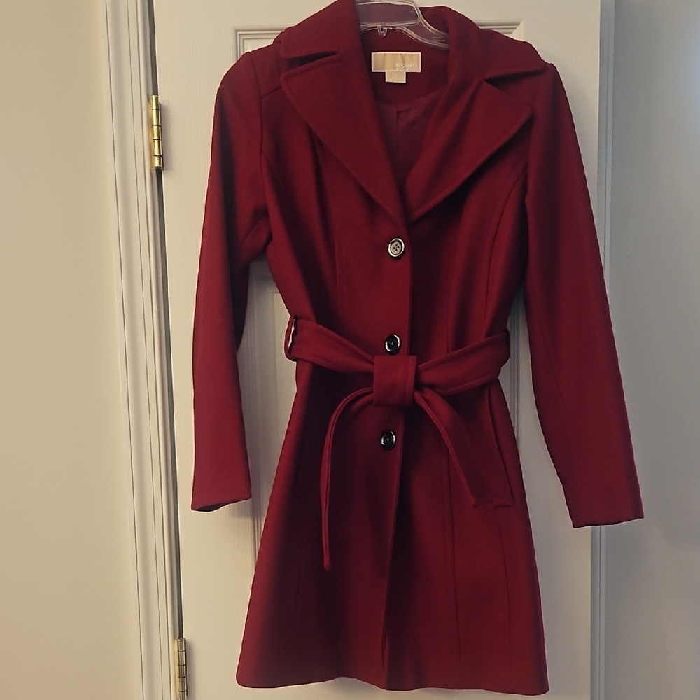 Michael Kors Red Trench Coat with Classic Lapels And Hood